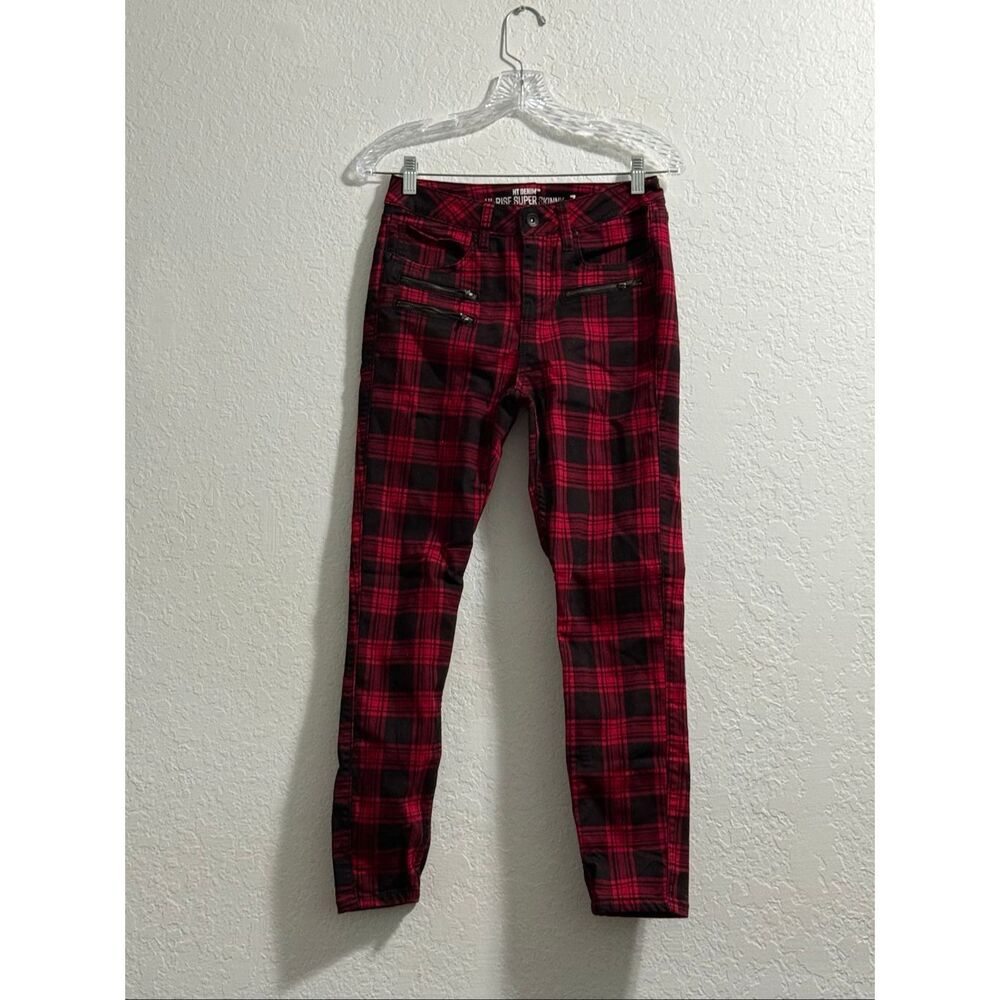 Hot Topic Denim Jeans Juniors 7 Red Black Plaid Hi Rise Super Skinny Emo Punk